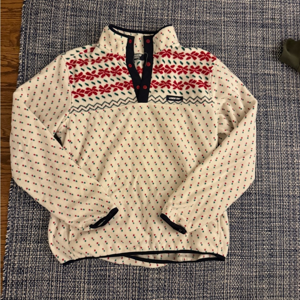 Lands' End Festive Red and Green Patterned Fleece